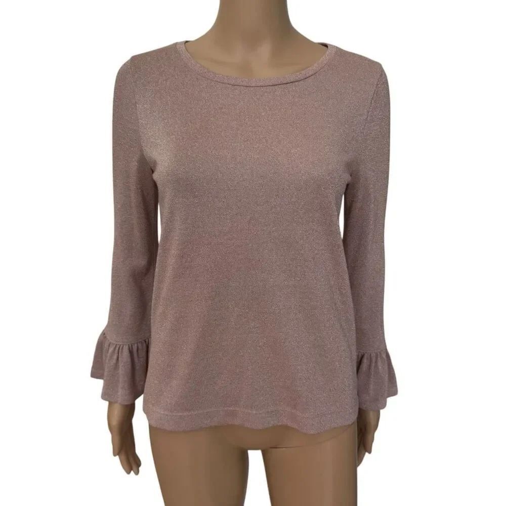 J. Crew Womens Rose Gold Metallic Shirt ruffle Sleeve Stretch Top Blouse size S